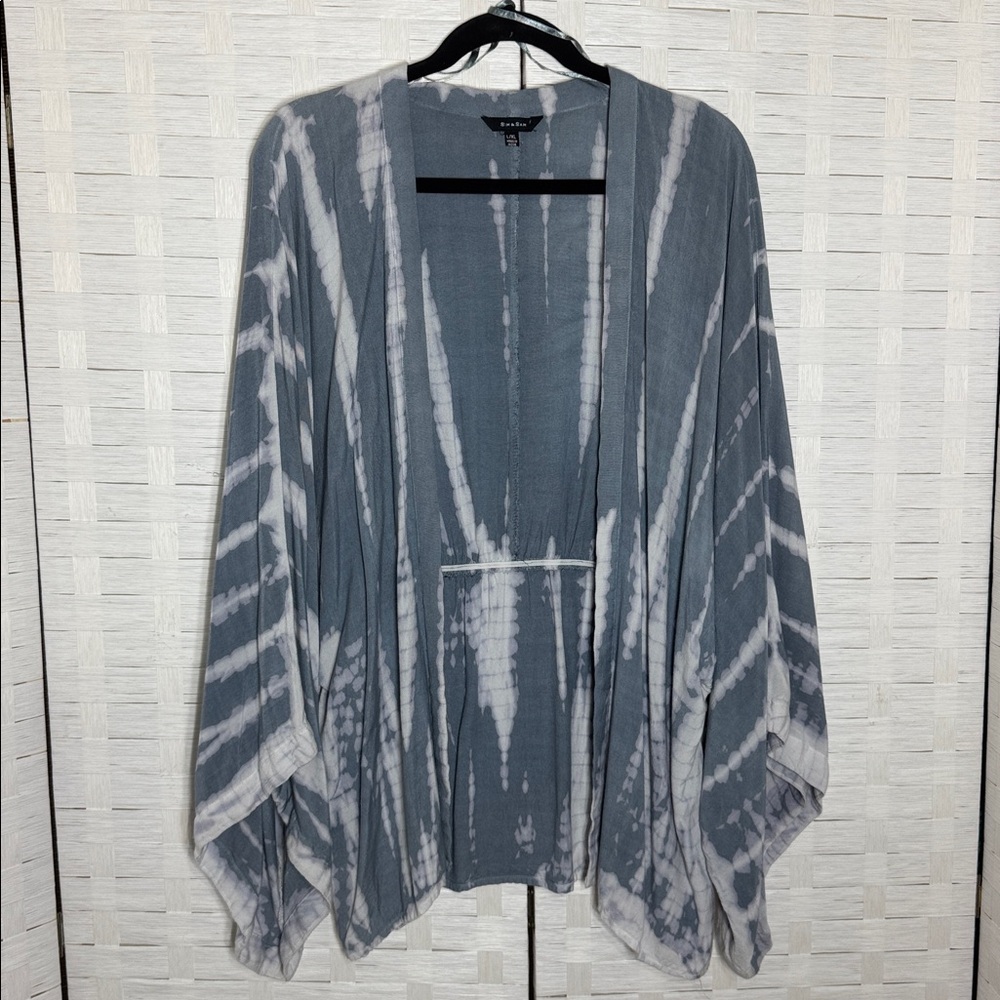 Sim & Sam Gray/Blue & White Tie Dye Open Front‎ Lightweight Kimono Size L/XL